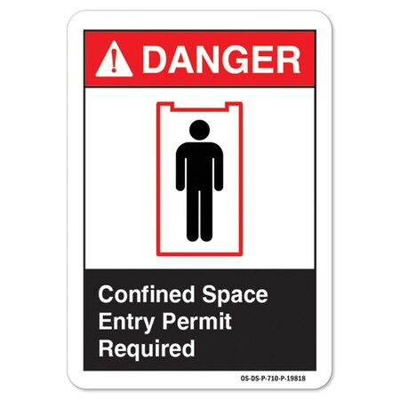 ANSI Danger Sign, Confined Space Entry Permit Required, 5in X 3.5in Decal, 10PK